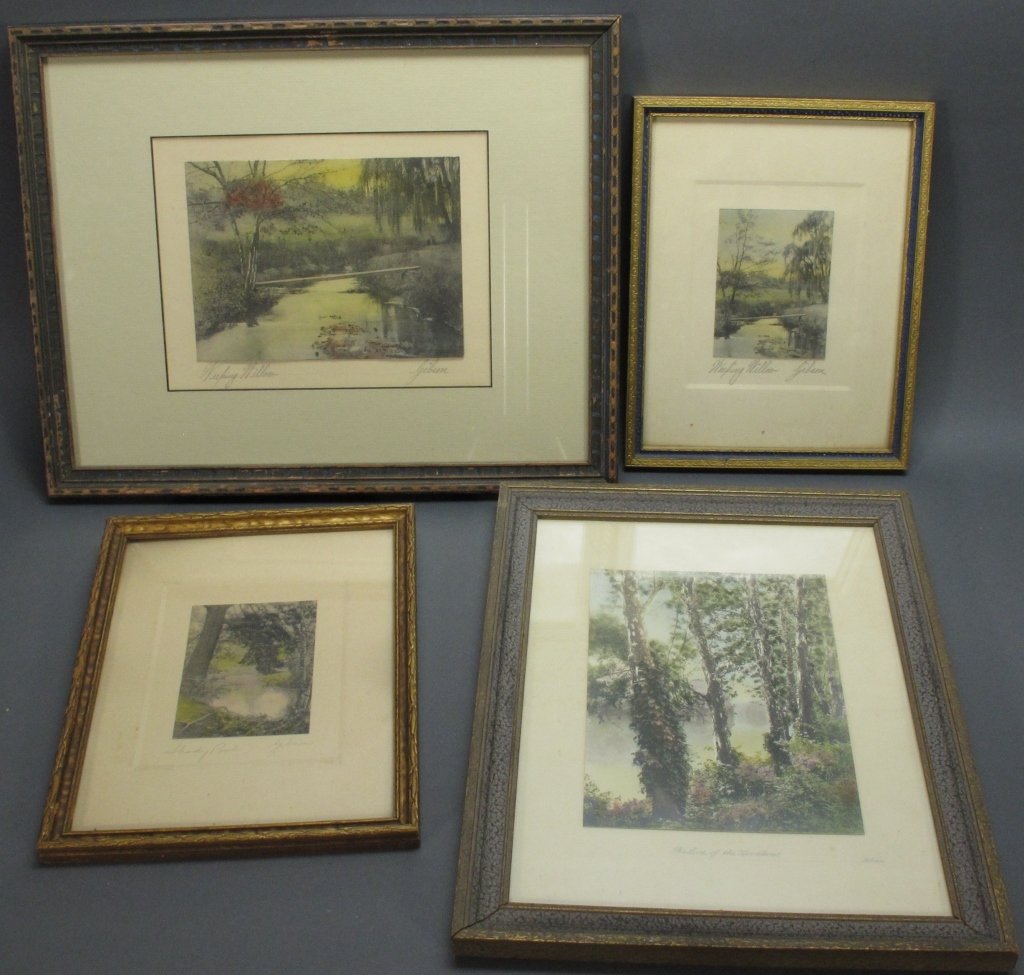 4 Gibson Hand-Colored Photograph Prints Signed: 4 Hand-Colored Photograph Prints Signed Gibson: "Shady Pool" H.4", W. 2-7/8"; "Weeping Willow" H. 4", W.2-7/8" ; "The Lure of the Woodland", H. 7-3/4", W. 5-1/2"; "Weeping Willow", H. 5", W. 6-3/4".