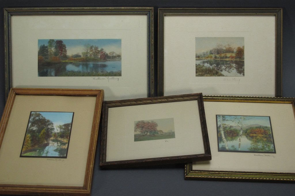 5 Wallace Nutting Hand-Colored Photograph Prints: Wallace Nutting 5 Hand-Colored Photograph Prints: Untitled, H. 1-3/4", W. 2-7/8"; Untitled, H. 3", W. 3-3/4"; Untitled, H 2-7/8", W. 3-3/4"; Untitled, H. 3-7/8, W. 3" (copyright W.N. 1921); Untitled H