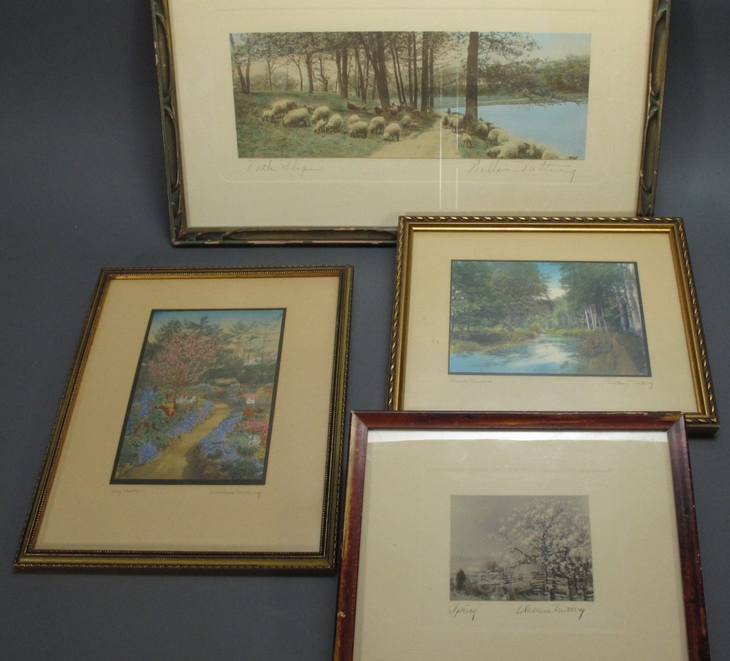 4 Wallace Nutting Hand-Colored Photograph Prints: Wallace Nutting 4 Hand-Colored Photograph Prints: "Spring", H. 2-3/4" W. 3-3/4"; "Beech Borders", H. 4-7/8", W. 6-1/2"; "Joy Path", H. 6-1/2", W. 4-3/4"; "On the Slope", H. 4-5/8", W. 12-7/8"; all sig