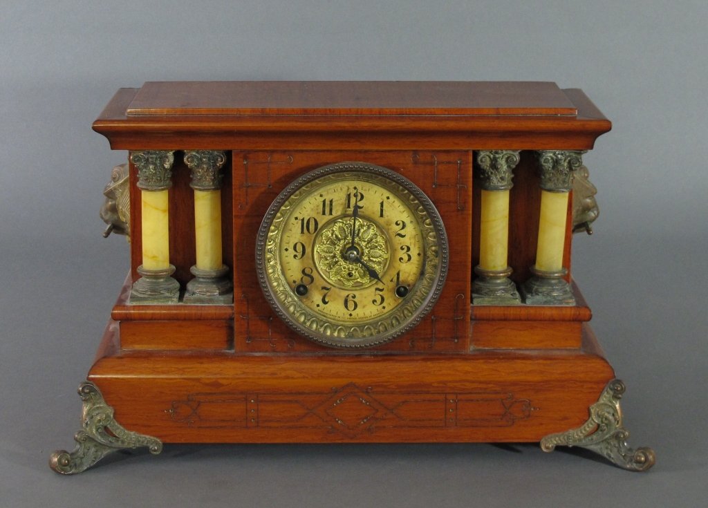 Seth Thomas Pillared Mantle Clock: Seth Thomas Pillared Mantle Clock, running, striking on full and half hour, cannot guarantee continued running condition or accuracy, H. 11", W. 18-1/2", incl. two keys