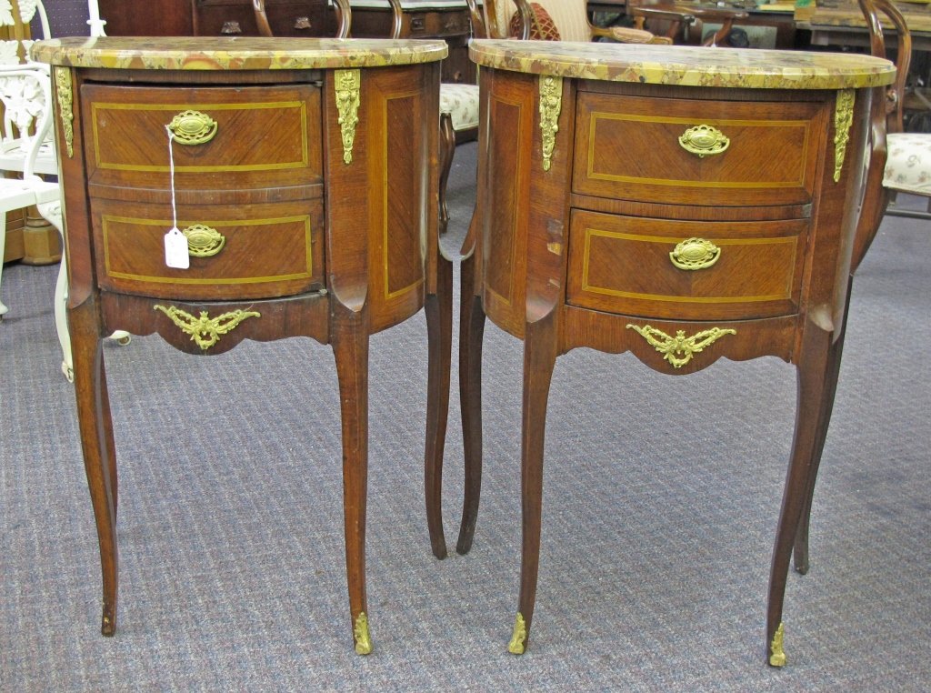 Pr Marble Top Inlaid French Half Moon Side Tables: Pr Marble Top Inlaid French Half Moon Side Tables, marble tops, Ormolu mountings, One table has two drawers, the other has doors front and back and is impressed "France" on reverse, H. 29-1/2", W. 20-