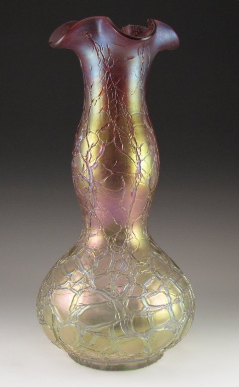 Crackle Glass Vase: Crackle Glass Vase-Multi rose and teal color. H.10", in very good condition with no chips cracks or repairs