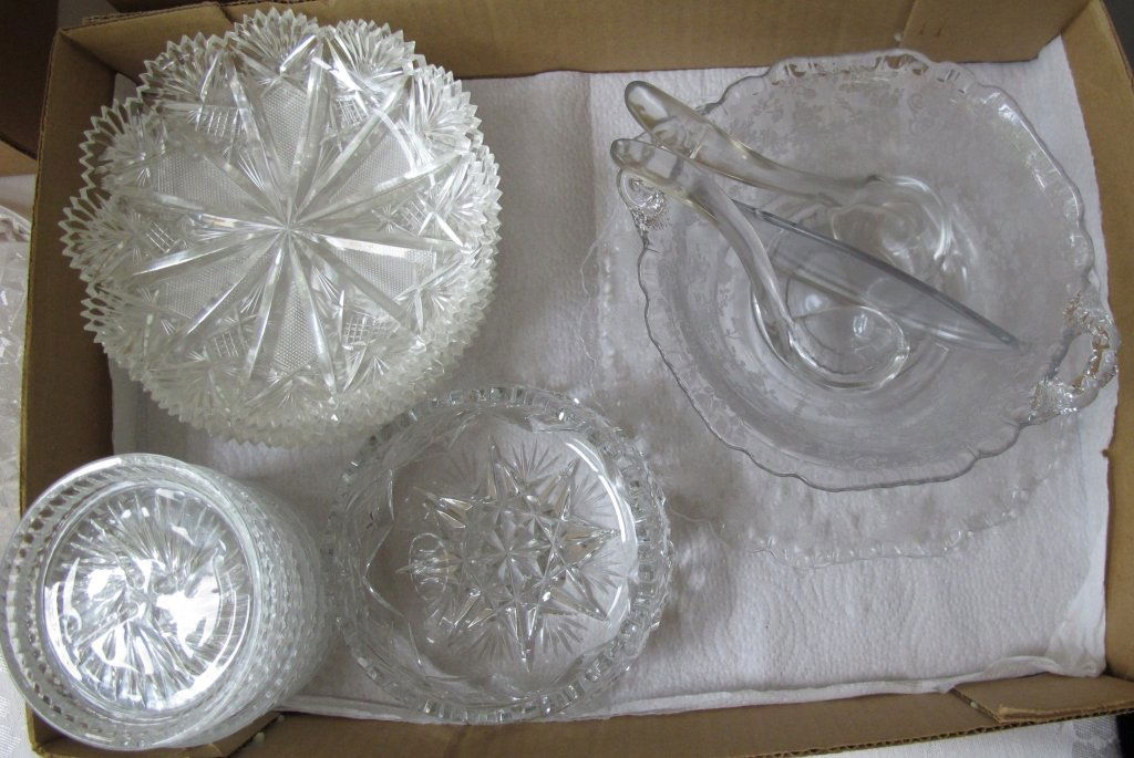 Glass Lot: Glass Lot: Small cut glass bowl, glass coasters, cut glass dessert plates, 1 relish or jam set with divided bowl, two glass spoons on plate