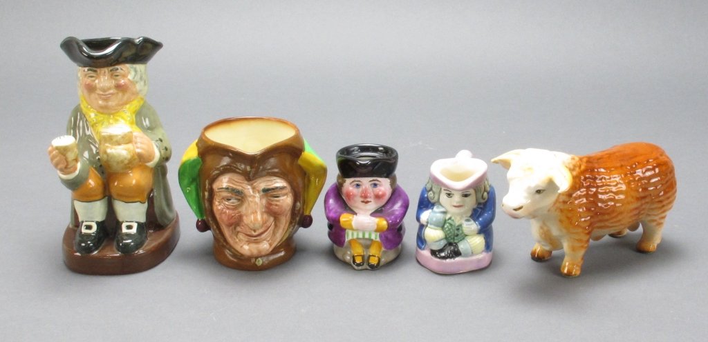 Royal Doulton, Staffordshire: Royal Doulton & Staffordshire: Royal Doulton, Character Mug, Happy John, 8321, H. 4 - 1/2"; Royal Doulton, Character Mug, 'Jester', H. 2-7/8" ; Miniature, stamped Crown Staffordshire, H. 2-1/4"; Minia