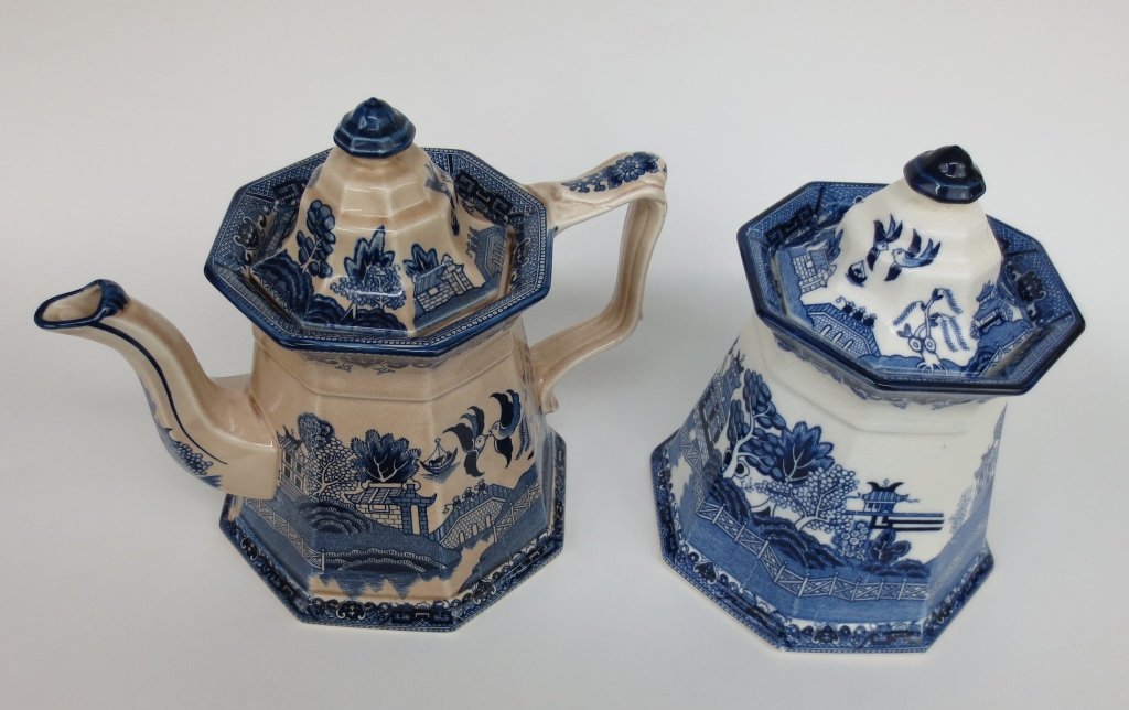 Fenton Ironstone Teapot and Biscuit Jar: Fenton Ironstone Teapot and Biscuit Jar: E & C Challinor, Blue on Tan Teapot, H. 8-1/2" ; E & C Challinor, Blue on White Biscuit Jar, H. 8", both items are in good condition, no chips, cracks, or repa