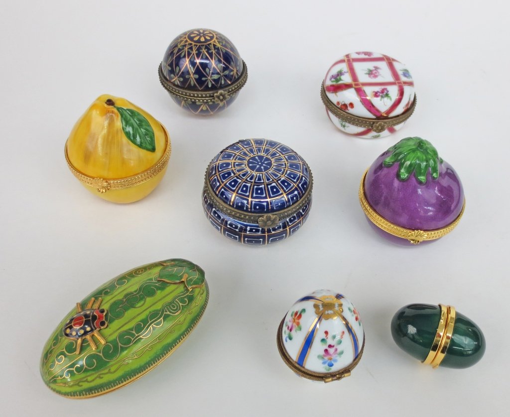 8 - Limoges and Limoges Style Miniature Boxes: 8 - Limoges and Limoges Style Miniature Boxes: 2- Hand Painted Limoges hinged boxes, 1- Limoges Dubarry hinged box, 4- Unmarked hinged boxes, 1- Watermelon, unmarked box