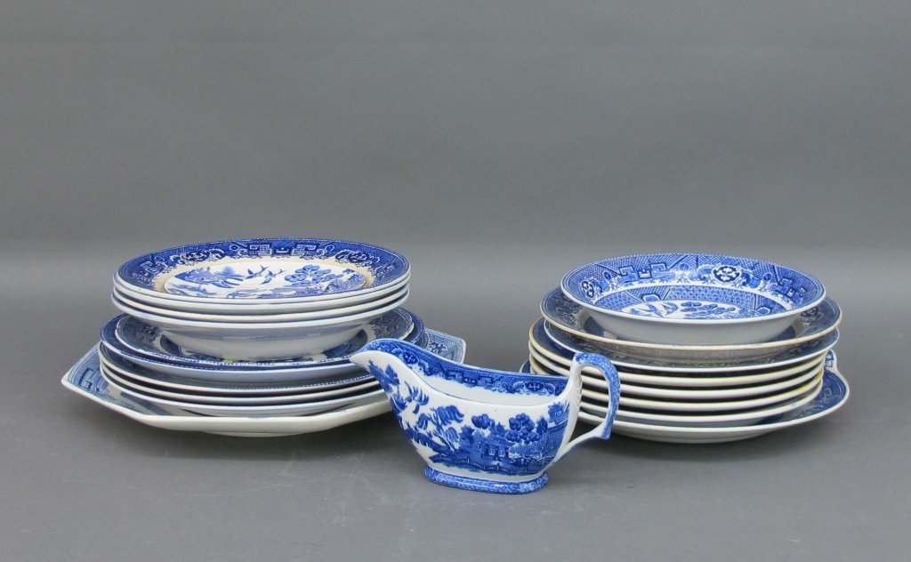 21 Piece Assorted English China: 21 Piece Assorted English China: (2) Coalport, Willow dessert plates; (5) Gustavsberg, marked 86, salad/soup bowls ; (3) Brown & Steventon, Willow dinner plates ; (1) Wedgewood, Willow octagon plate ;