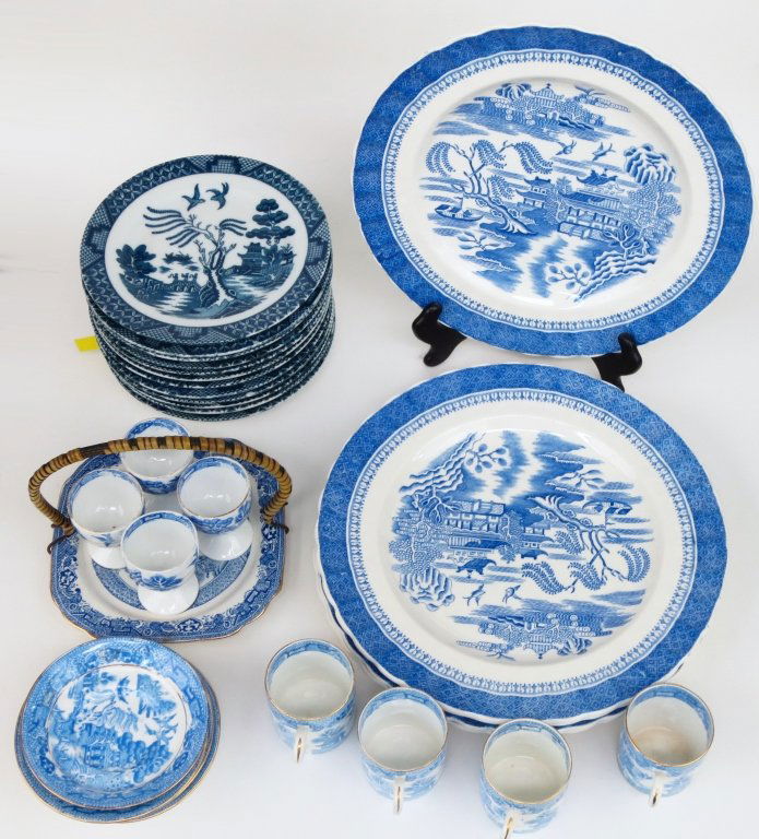 Assorted Blue Willow: Assorted Blue Willow Style Pieces: Unmarked, Demitasse Set of 4; Grafton China, 4 Egg Cups with tray; (12) Unmarked, Dessert Plates,(1 chipped) ; (4) Spode, "Mandarin", Dinner Plates
