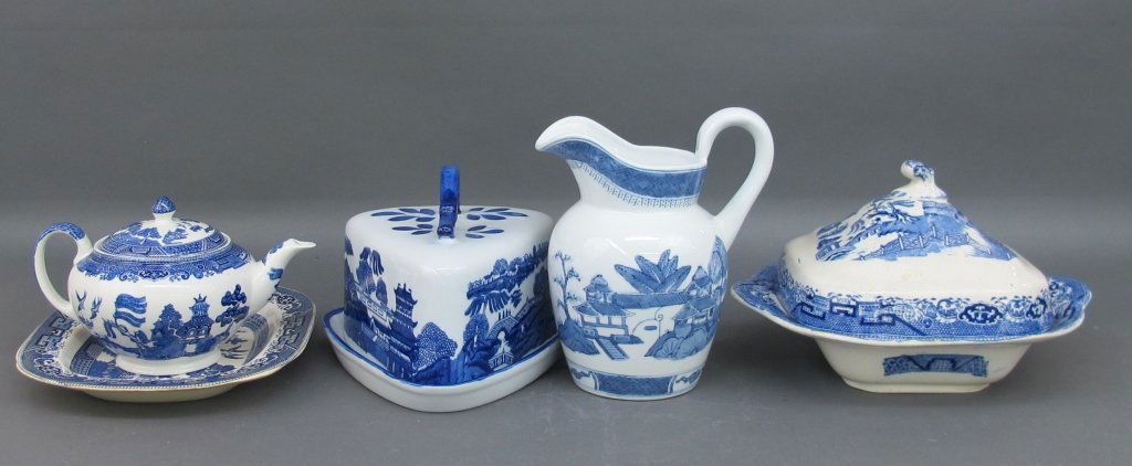 Serving Dishes, Buffalo, Cheese Keeper, more: 5 Pcs Collectible Serving Dishes: (1) IDG Water Pitcher, H. 8-1/2" ; (1) Tea Pot, Marked 'Made In England' ; (1) Buffalo Pottery Tray ; (1) Unmarked Cheese Keeper ; (1) Unmarked Covered Dish