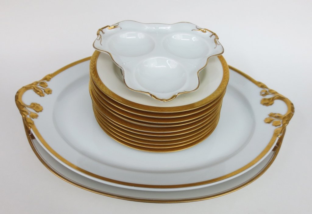 Limoges & Theo. Haviland Porcelain: Limoges & Theo. Haviland Porcelain: (10) Theodore Haviland, New York, 'Madison' Dessert Plates, Dia. 7-1/2" ; "Chamart' Limoges, France, Divided Relish Dish, L. 6-1/2" ; WM. Guerinen & Co., Limoges, F