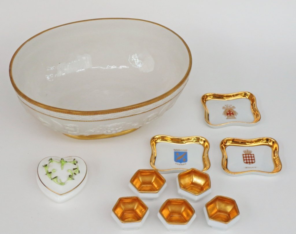 Assorted Porcelain, Mottahedeh, Coalport, others: (1 ) Mottahedeh Ivory and Gold Pedestal Bowl, H. 4", L. 9-3/8" ; ( 5 ) Q.& E.G. Austria, Salt Cellers, White with Gold Gilt ; (1 ) Coalport, Bone China, Trinket Bowl ;(3 ) Dumur Limoges Ashtray/Small 