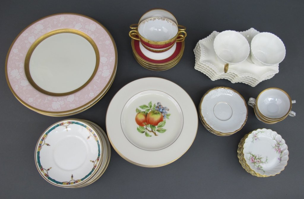 Lot of of Assorted China, Limoges, KPM, others: Lot of of Assorted China: 2 Teacups with 5 snack trays, English: 3 Limoges cream soups with 6 underplates; 5 KPM demitasse cups with 5 underplates; 8 Floral Limoges small bowls, dia. 4-1/4" ; 3 Mikasa