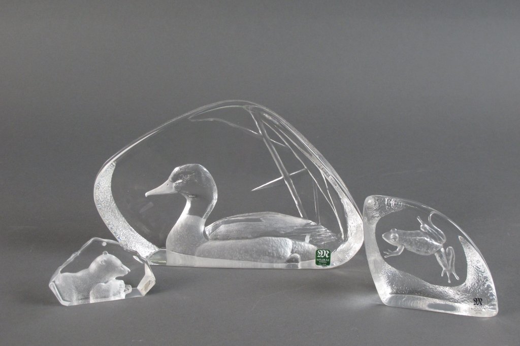 Three Maleras Sculptures, Wildlife Series: Three Maleras Sculptures, Wildlife Series: "Baby Polar Bear," cast crystal sculpture, H. 2", W. 3"; "Duck in Reeds," cast crystal sculpture, H. 5", W. 7-3/4"; "Frog," cast crystal sculpture, H. 3", W.