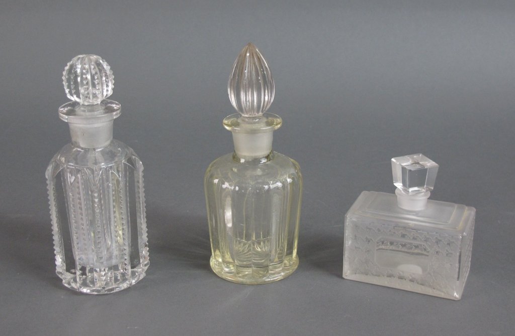 3 - Vintage Perfume Bottles: Vintage Perfume Bottles:(1) Diorama Christian Dior, marked Christain Dior, New York 4 oz. ; ( 2) Vintage Glass with stoppers, H. 6-1/2"