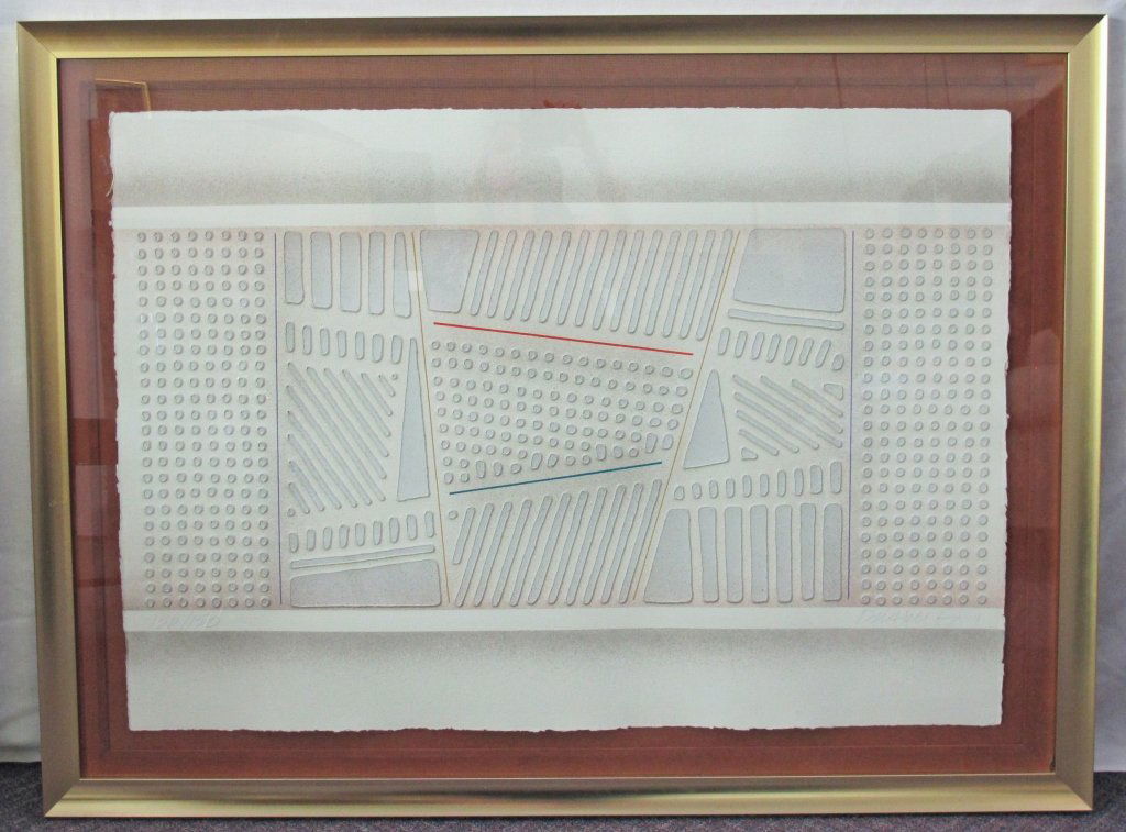 Paul Maxwell Cast Relief Multiple: Paul Maxwell, cast relief multiple, numbered LL in pencil 150/150, signed LR in pencil, image 29"X41-1/2", gold metal frame and matted, overall 38"X49-3/4"