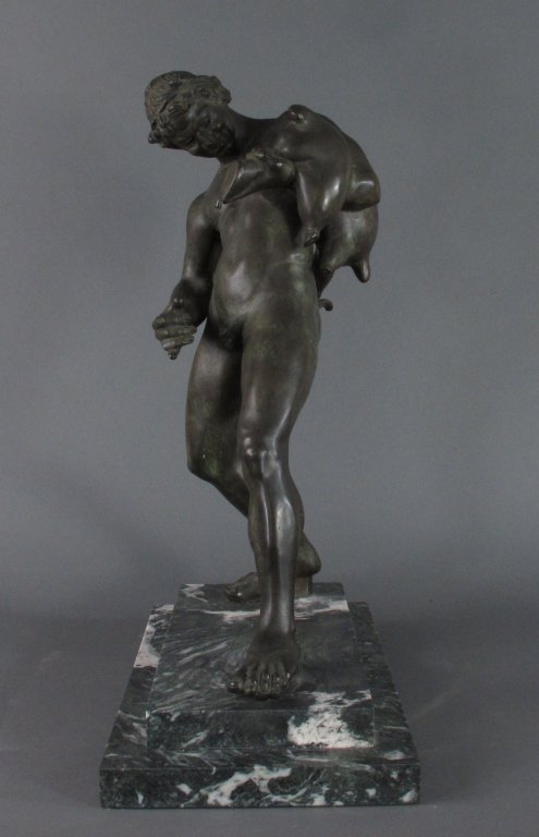 Italian Bronze Satyr Fountainhead: Italian Bronze Satyr Fountainhead: "Peter Bazzanti & Son, Florence, Italy", Bronze Young Satyr holding a wineskin bag and posed as if pouring wine from the skin, cast bronze, with patina, statue fixed