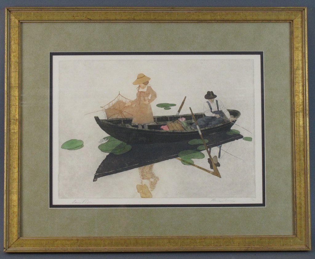 Danny Phifer Print: Danny Phifer, American, "Picnic Lunch", Signed LL, 75/300, Etching, watercolor ,11-1/2" x 16-3/8", Matted and framed