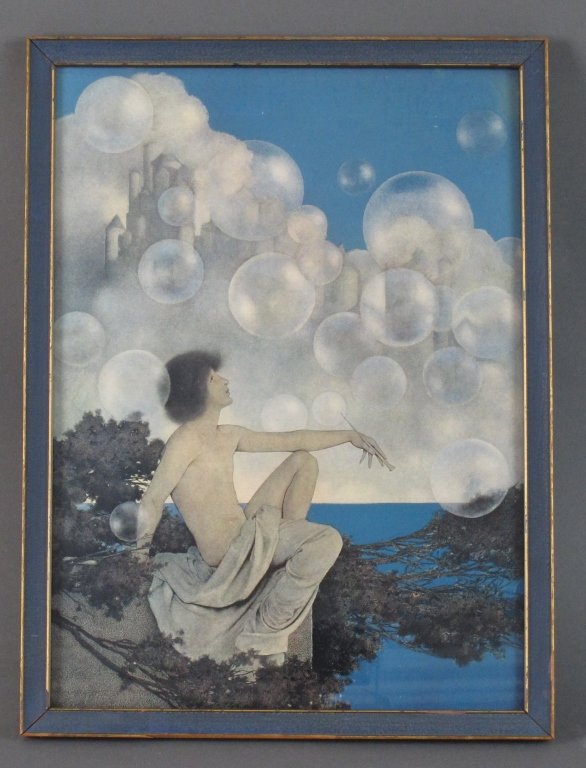 Maxfield Parrish "Air Castles" Print: Maxfield Parrish (1870-1966) American. Print, "Air Castles", 17" x 12-3/4" overall, framed