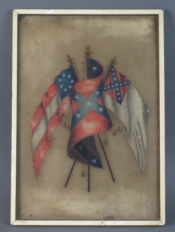 Early Painting on Glass of Confederate Flags On Glass: Early Painting of three Confederate Flags painted on glass: Stars and Bars (First National Flag), Stainless Banner (Second National), and Southern Cross (Confederate Battle Flag), 20-3/4" x 14-3/4"