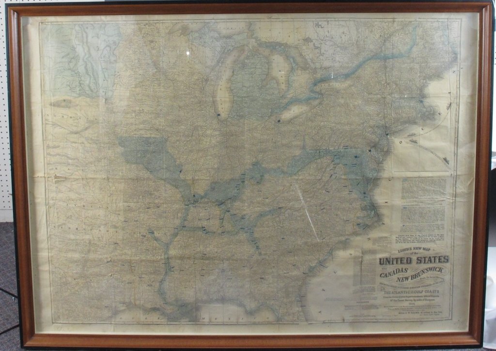 Lloyd's New Map of the United States the Canadas: Lloyd's New Map of the United States the Canadas (and) New Brunswick, showing every railroad & station completed 1864, The Atlantic Gulf Coasts, reverse side has printing however due to framing unable
