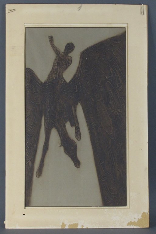 Dean Meeker; Pegasus; 6/50: Dean Meeker (1920-2002) American. Pegasus. Signed LR; 9/50. Print. 34-3/4" x 22" , overall, in matted not framed