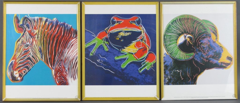 3 Andy Warhol Prints Endangered Species: 3 Andy Warhol (American, 1928-1987) Prints Endangered Species Series, 1983: Grevy's Zebra, Bighorn Ram, Pine Barrens Tree Frog,. Photomechanical prints. Copyright 1989, 15-3/4" x 12-1/4"