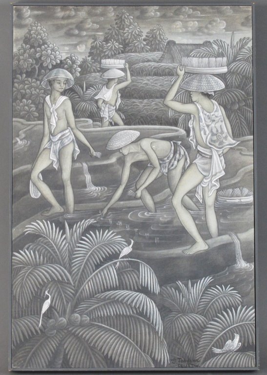 Balinese Painting: I Wayan Tohdjiwa (1916 - 2001), Balinese, Workers in an Asian rice field, Signed, Lower Right, Oil on canvas which is stretched on wood. 23-3/8" x 15-3/4", framed