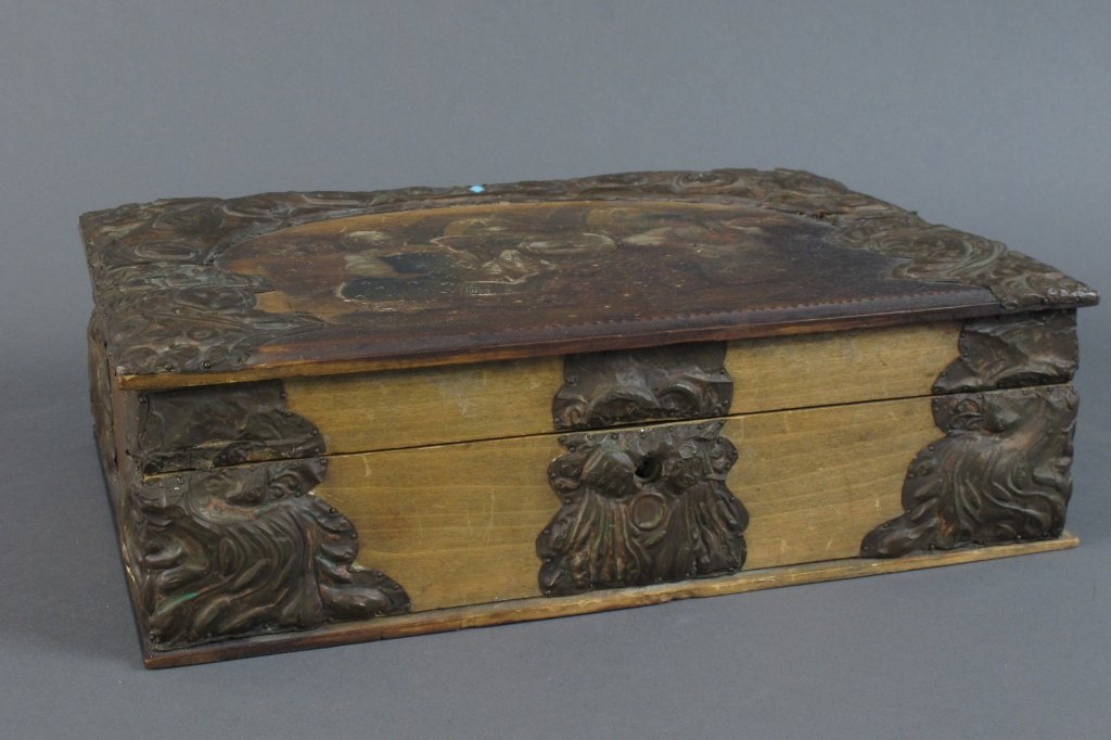 Wood and Ormolu Cigar Box: Wood and Ormolu Cigar Box, hinged, carved pictorial cover, with lock (no key), "Albert Moscou " inside cover, H. 3 -3/4", L. 12" , W. 9 - 1/4"