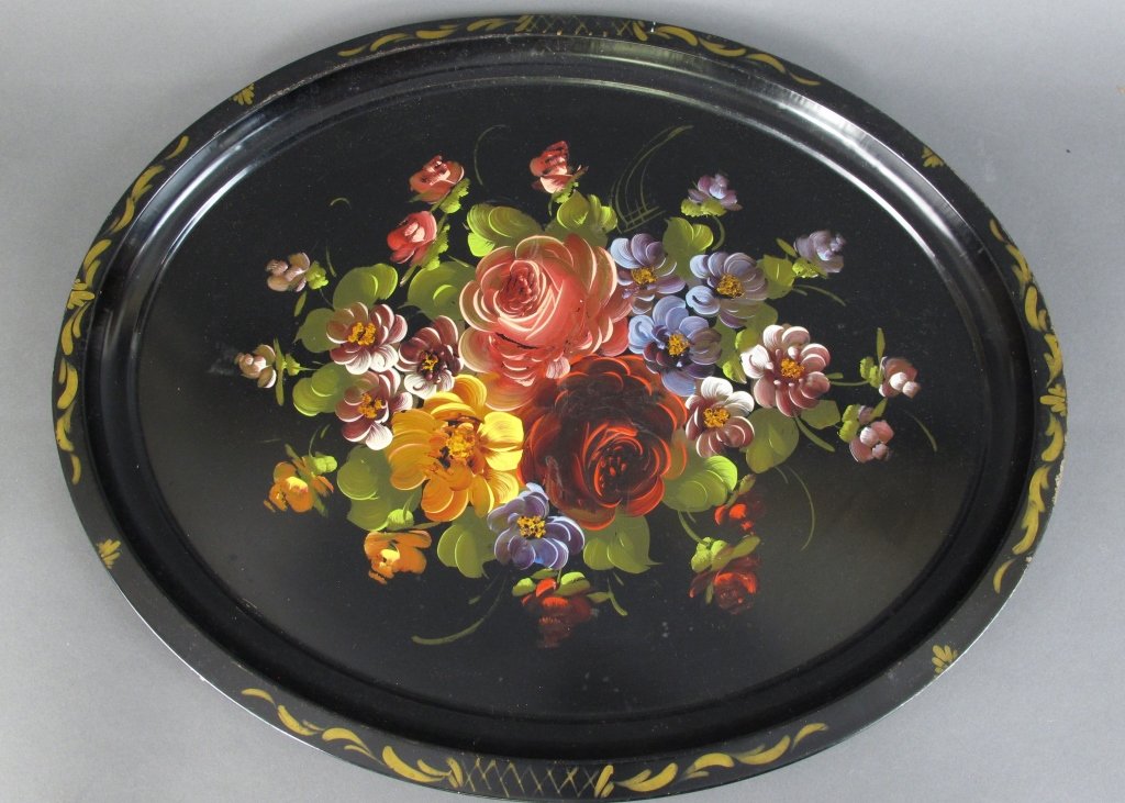 Oval Hand Painted Floral Tole Tray: Oval Hand painted Floral Tole Tray, metal tray, 20-1/4" x 16-1/4", black overall with flowers in shades of red, lavenders, golds, with green leaves, gold designs around edge, some loss to center of tr