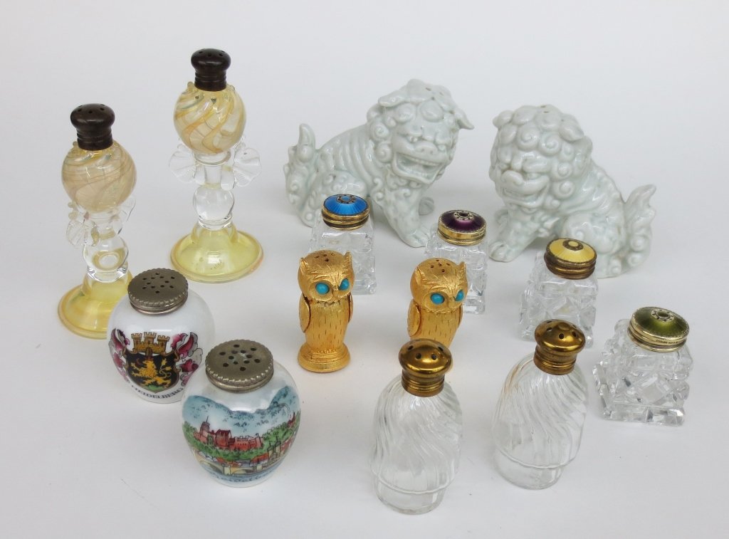 Assorted Salt and Pepper Shakers: Assorted Salt and Pepper Shakers: 6 sets including Porcelain Foo Dogs; (4) Crystal with Enamel Colored Tops; German Souvenir ; Swirled Glass; Golden Owls, stamped ; Opalescent Glass