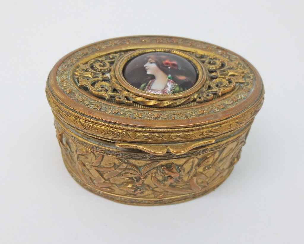 Vintage Brass Jewelry Casket: Brass Jewelry Casket, intricate scroll design around hand-painted portrait on copper, ornate foliate and dragonfly design in relief around exterior of casket, lined with velvet, H. 1-1/2", 3" x 2-1/2"