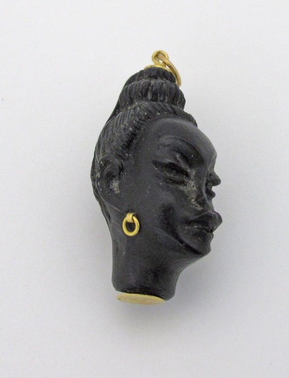 Carved Italian Ebony Blackamoor Pendant with 18K: Carved Ebony Blackamoor Pendant / Charm with 18K Yellow Gold, 34mm, Made in Italy