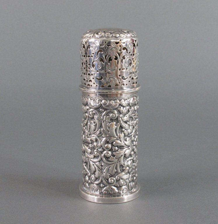 Edwardian Style Sugar Caster / Shaker: Edwardian Style Sugar Caster / Shaker, silver plate, cylindrical in form, repousse lower portion with pierced and repousse threaded top, no monograms, H. 5-5/8"
