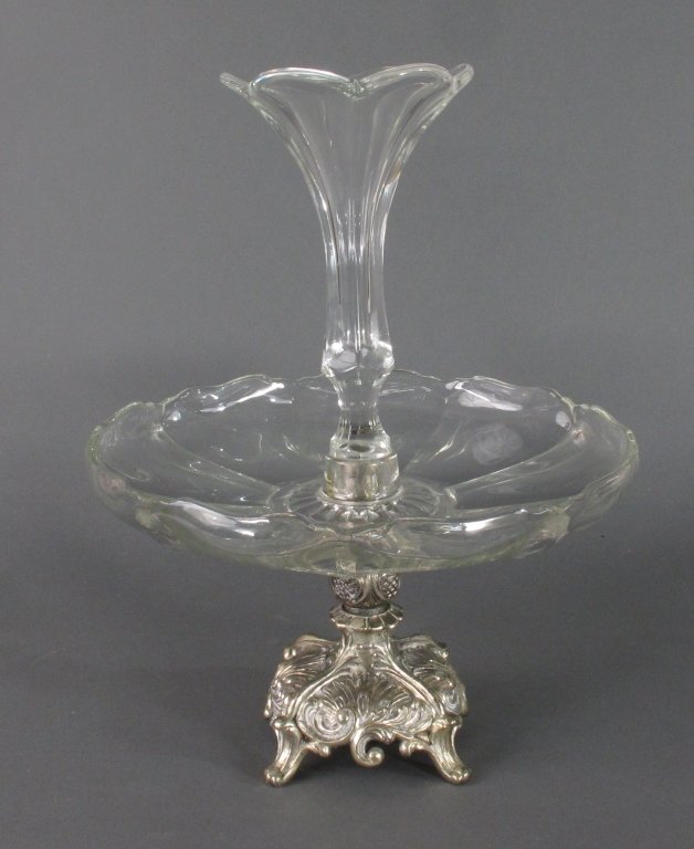 Silver Plate Epergne: Silver Plate Epergne, central trumpet surrounded by rotating glass platter raised on a quad-footed silver plate base, H. 15", Dia. 12"