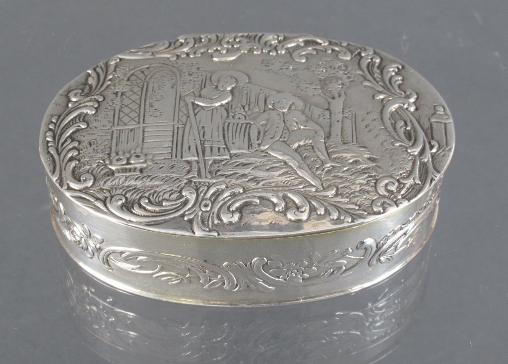 17th C. French Sterling Silver Snuff Box: 17th Century French Sterling Silver Snuff Box, gold wash interior, oval form, Dutch lady and gentleman garden scene in relief; hallmarks Paris France 1684-1687, with British sterling silver import mar