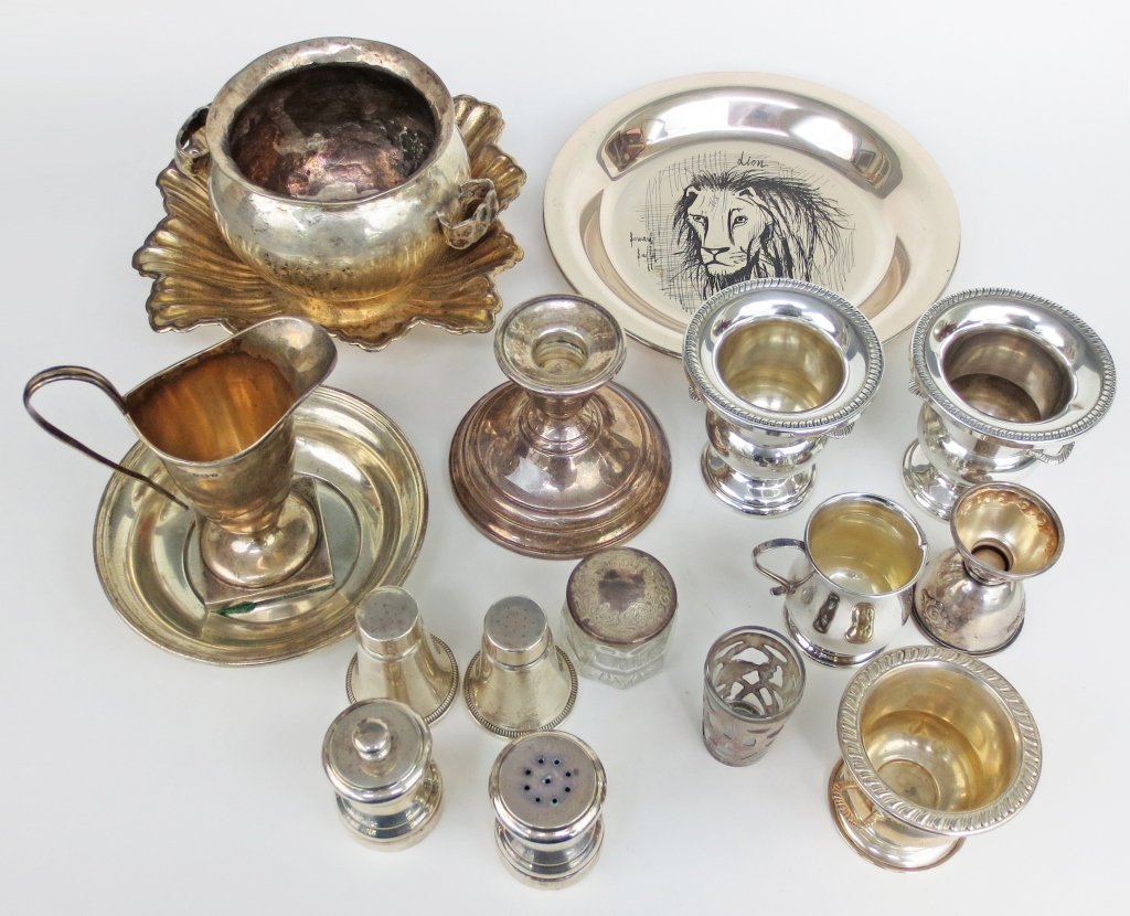 Assorted Sterling Silver, Tiffany, others: Assorted Sterling Silver Pieces: Tiffany milk pitcher, H. 2-1/4" (1.9 Toz.); pitcher, Birmingham, George Unite, 20th C., H. 5-3/4 (handle damaged); 3 toothpick holders (5.6 Toz.); small jar with sterl