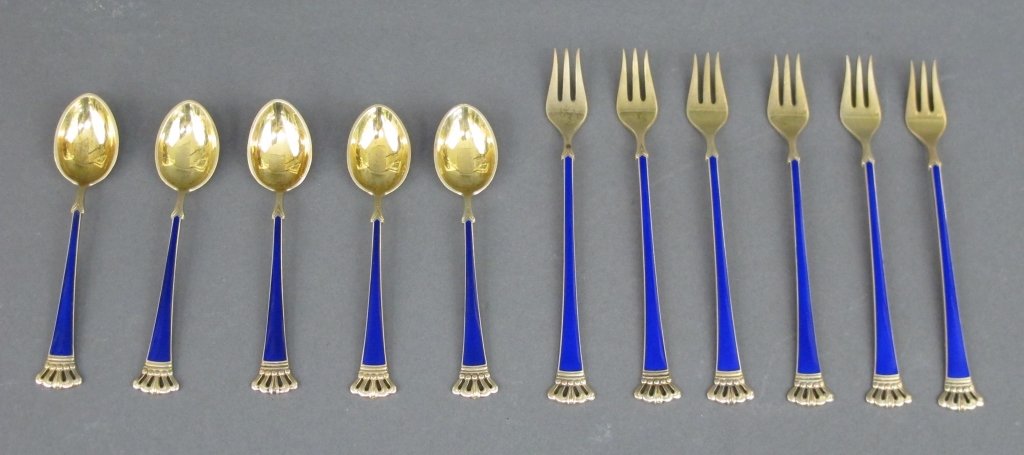 Cobalt Enameled Sterling Flatware, Denmark: Cobalt Enameled Sterling Flatware, Denmark: 5 Demitasse spoons, L. 3-3/4", 6 Cocktail forks, L. 4-5/8", gold wash 3.85 oz t