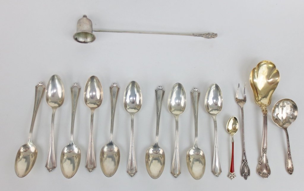 Assorted Sterling Flatware: Assorted Sterling Flatware : 1 Nut spoon, "Romaine aka Monique" by Reed & Burton ; 1 lemon fork (monogram) ; 1 Lunt candle snuffer; 1 Scalloped bowl serving spoon (gold wash) "Chantilly" by Gorhoing :