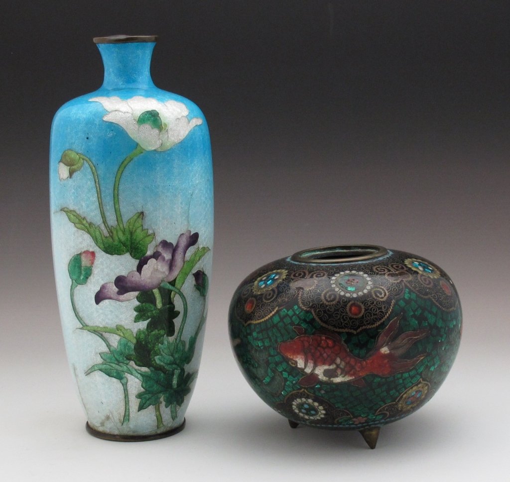 Two Cloissone Vases: Two Cloissone Vases: Tri-leg vase, swimming fish circle center of vase, on green background, H. 3 - 3/4", D. 4 - 1/4"; Aqua to white vase with floral design, H. 7 -1/4",