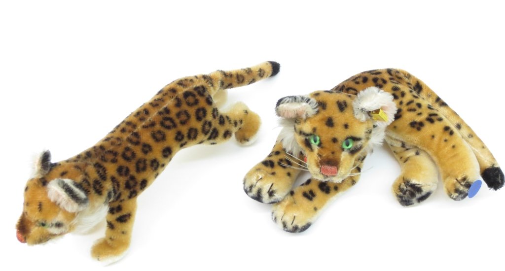 2 - Steiff Leopard/Cheetah: 2 - Steiff leopard/Cheetah: Reclining Leopard/Cheetah, 2317.1, glow in the dark eyes; Standing Leopard/Cheetah, H. 5 - 1/2", L. 13"