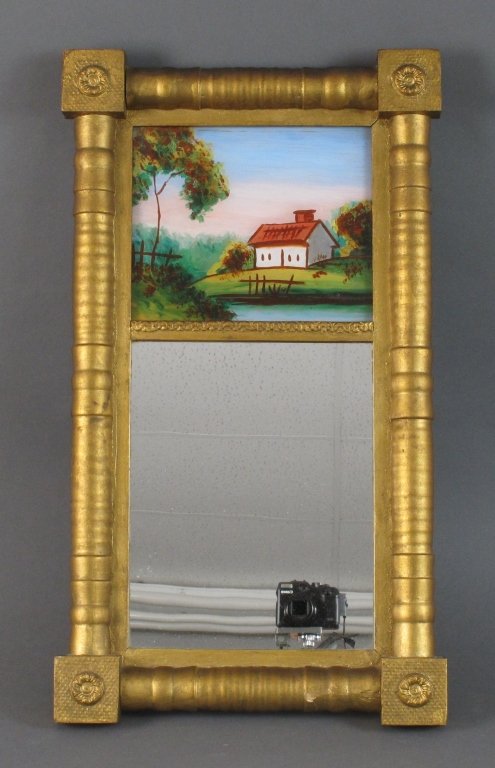 Reverse Painted Mirror: Reverse Painted Mirror, giltwood, frame H. 22-3/8", W. 12-3/4", mirror H. 10-1/8", W. 8-1/4", painting H. 6-5/8", W. 7-7/8", some gilt loss on corners/lower edge