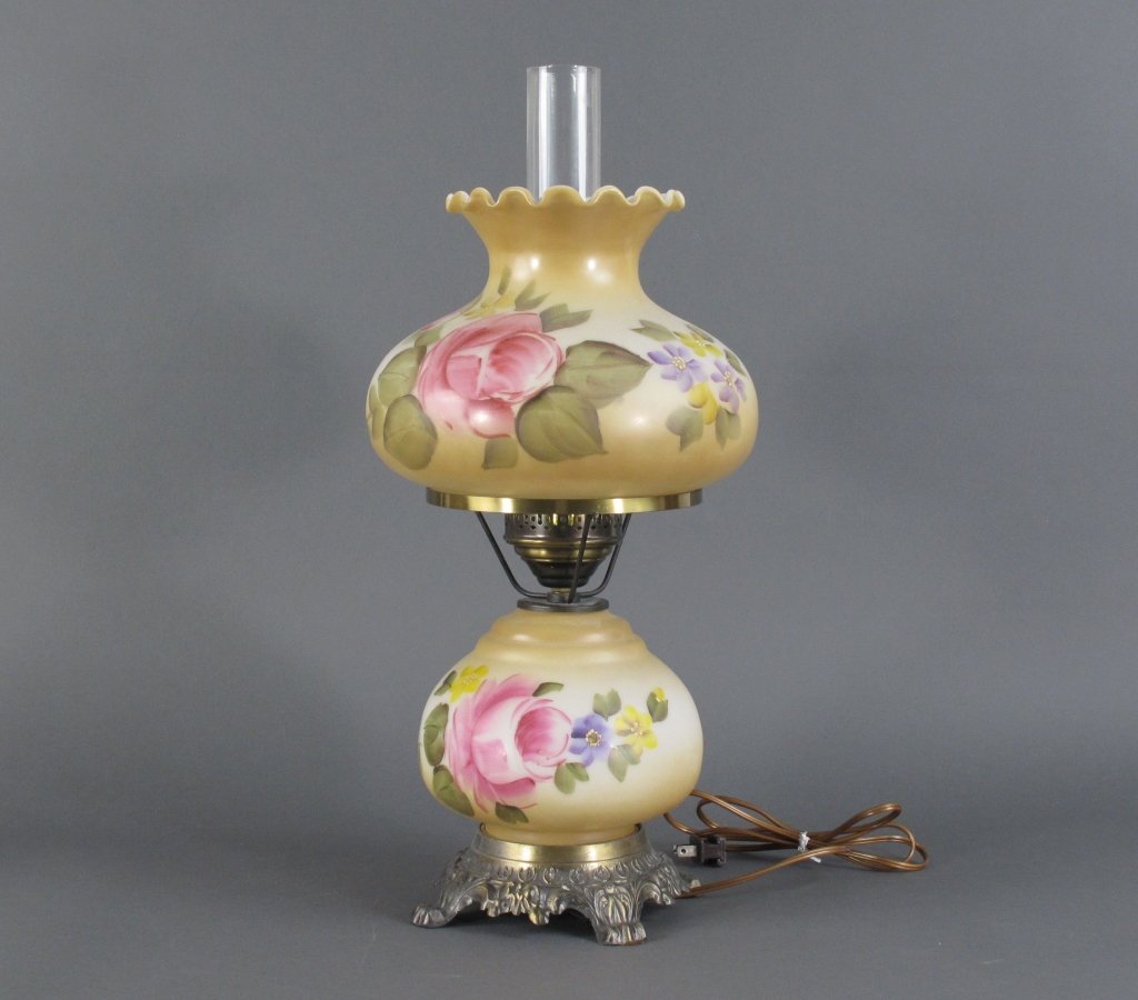 "Gone With The Wind" Style Table Lamp: Gone With The Wind" Style Table Lamp, hand painted floral design globes, H. 22", W. 12
