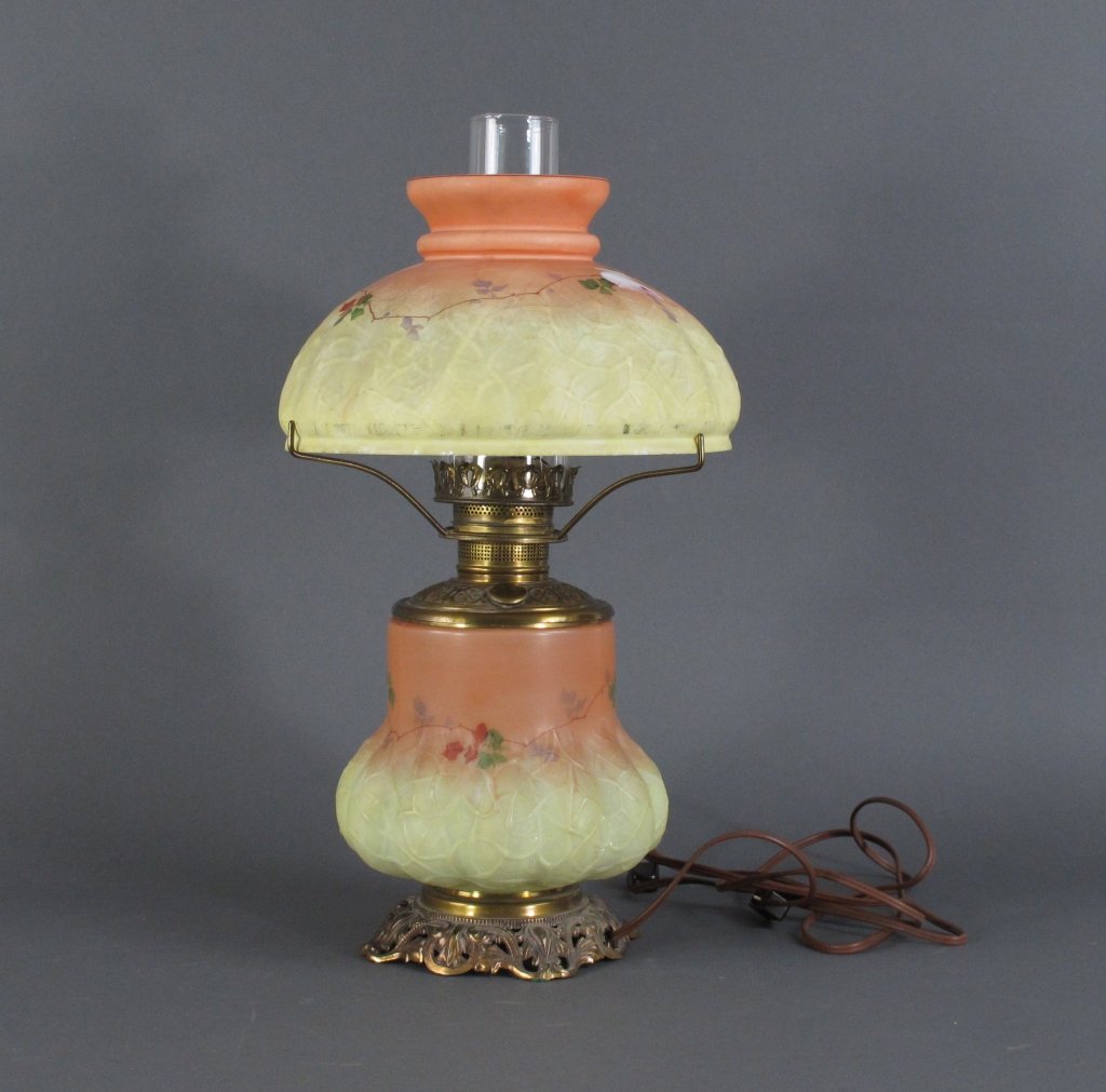 "Gone With The Wind" Style Table Lamp: "Gone With The Wind" Style Table Lamp, metal and glass lamp, glass base and shade peach into yellow, with hand painted floral design, H. 19" incl. chimney