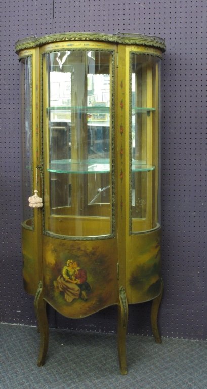 French Clover Curio Cabinet: French Clover Curio Cabinet, 2 glass shelves, lock with key, metal mount and ormolu, classical scene, gold gilt, H. 57 - 3/4", W. 27"