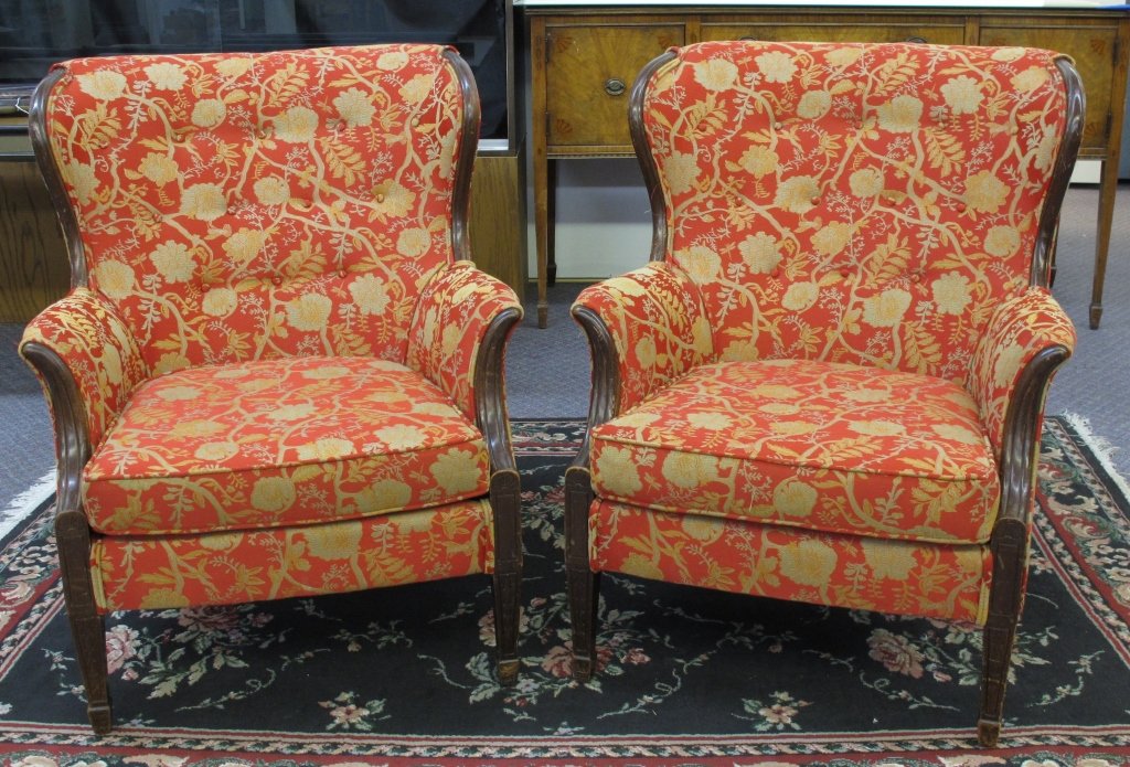 Pair of Wing Back Chairs: Pair of Wing Back Chairs: Jacquard fabric of red, orange, beige floral, carving on tapered legs, H. 36-1/2" (some scratches on wood)