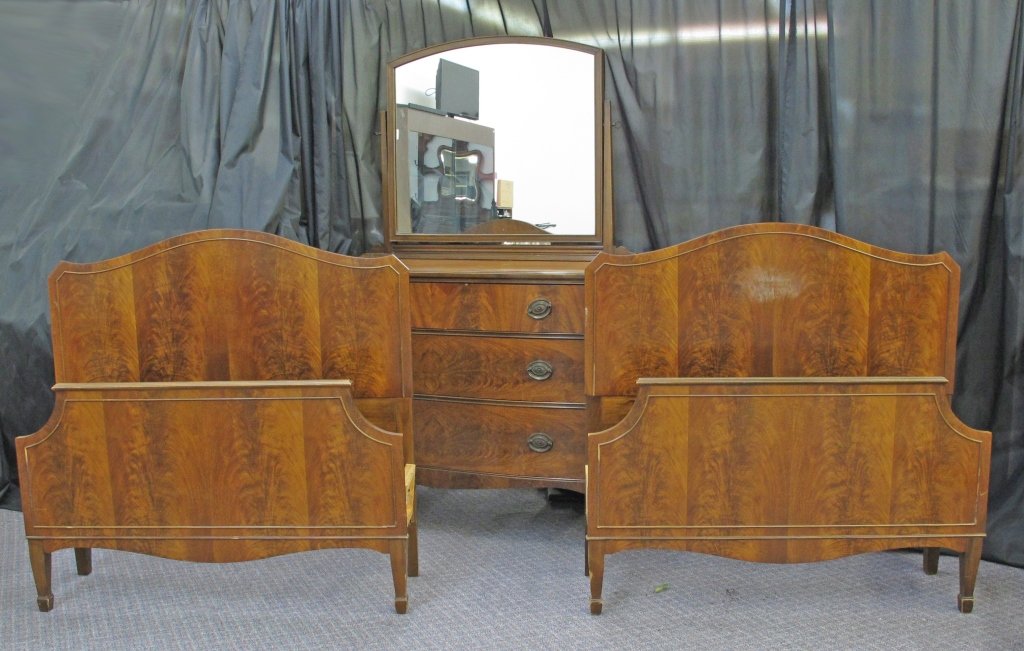 Dresser, Twin Beds by Charles F. Berg: Dresser, Twin Beds by Charles F. Berg, Portland: Dresser, book matched veneer on 3 drawers, attached mirror, H. 68", W. 48", D. 21"; Beds include head and foot boards, Headboard, H. 41-1/2"