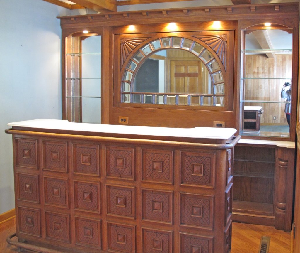 Wet Bar, Front and Back: Bar Front Serving area and Back storage/decor, Front with marble top from Highland Park, IL wet sink, W. 6'8", H. 42-1/2" , D. 21" ; Mirrored back (2 pieces) from firehouse Evanston, IL