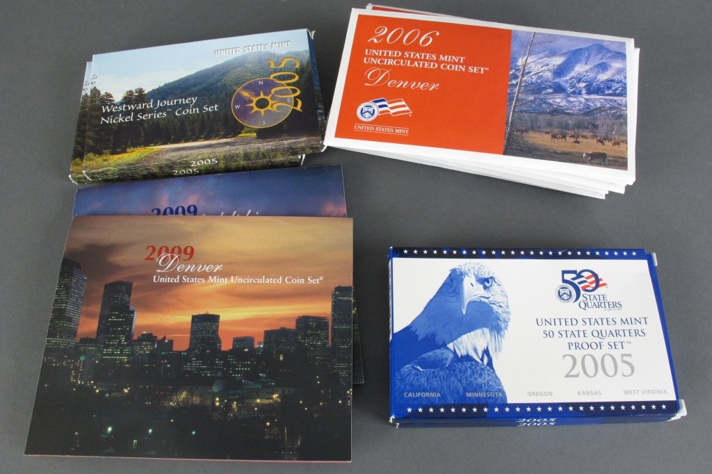 US Mint Proof and Uncirculated Sets 2005 2006 2009: United States Mint Uncirculated and Proof Sets: 2005 - 2 State Quarters Proof Sets, 2 Westward Journey Nickel Series Coin Sets; 2006 - 9 Uncirculated Coin Sets; 2009 - 2 Uncirculated Coin Sets (each s