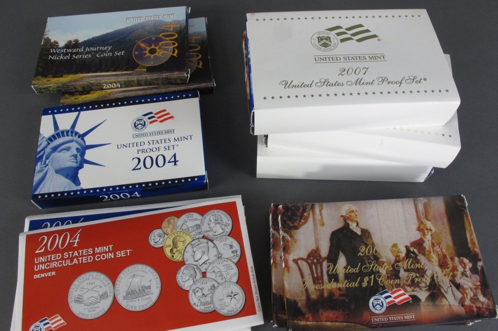 US Mint Proof and Uncirculated Sets 2004 2007: United States Mint Uncirculated and Proof Sets: 2004 - 4 Uncirculated Coin Sets, 1 Proof Set, 2 Westward Journey Nickel Series Coin Sets; 2007 - 3 Proof Coin Sets each includes the additional Presiden