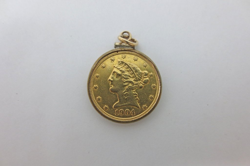 1904 US Gold $5 Five Dollar Coin Pendant: 1904 US Gold Liberty Half Eagle $5 Five Dollar Coin set into 14K yellow gold screw top bezel, 6.0dwt